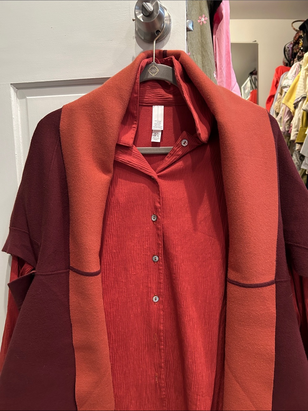 Red Button-Up Tunic with Rust Contrast Collar